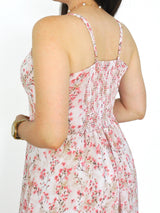 VESTIDO MIDI TIRAS CORSET MULTIAGUJA FLORES ROSAS