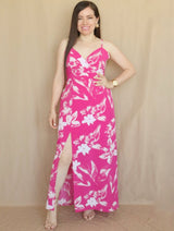 MAXIVESTIDO TIRAS CON PRETINA ESTAMPADO FUCSIA