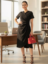 VESTIDO MIDI CRUZADO CON AMARRE NEGRO ENTERO