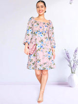 VESTIDO CORTO BUSTO RECOGIDO ESTAMPADO ROSA
