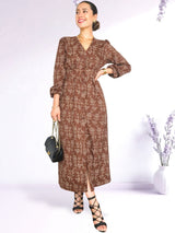 MAXIVESTIDO CAMISERO CON PRETINA ESTAMPADO CHOCOLATE