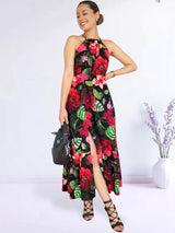 MAXIVESTIDO CUELLO HALTER 2 TIEMPOS ESTAMPADO NEGRO