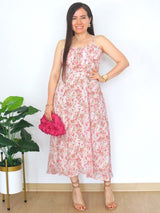 VESTIDO MIDI TIRAS CORSET MULTIAGUJA FLORES ROSAS