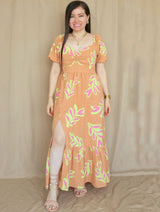 MAXIVESTIDO ESCOTE CORAZÓN ESTAMPADO NARANJA