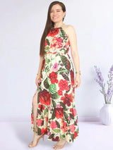 MAXIVESTIDO CUELLO HALTER 2 TIEMPOS ESTAMPADO CREMA