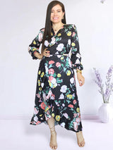 MAXIVESTIDO ENVOLVENTE CON VUELOS ESTAMPADO NEGRO