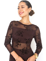 MAXIVESTIDO MESH TRANSPARENCIAS CAFE