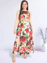 MAXIVESTIDO CUELLO HALTER 2 TIEMPOS ESTAMPADO CREMA