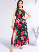 MAXIVESTIDO CUELLO HALTER 2 TIEMPOS ESTAMPADO NEGRO