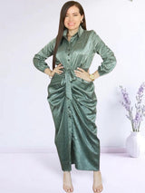 MAXIVESTIDO CAMISERO PLIEGUES EN CADERA VERDE ENTERO