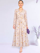 MAXIVESTIDO FULL BOBOS CON PRETINA FLORES BEIGE
