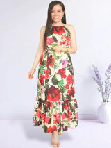 MAXIVESTIDO CUELLO HALTER 2 TIEMPOS ESTAMPADO CREMA