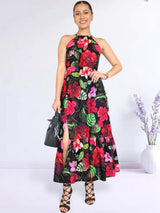 MAXIVESTIDO CUELLO HALTER 2 TIEMPOS ESTAMPADO NEGRO