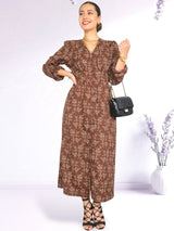 MAXIVESTIDO CAMISERO CON PRETINA ESTAMPADO CHOCOLATE