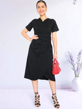 VESTIDO MIDI CRUZADO CON AMARRE NEGRO ENTERO