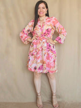 VESTIDO CORTO FULL BOBOS CON PRETINA ESTAMPADO ROSA