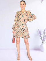 VESTIDO CORTO ENVOLVENTE CON VUELOS ESTAMPADO BEIGE