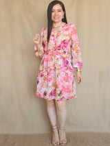 VESTIDO CORTO FULL BOBOS CON PRETINA ESTAMPADO ROSA