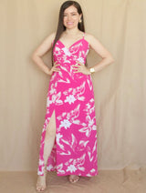 MAXIVESTIDO TIRAS CON PRETINA ESTAMPADO FUCSIA