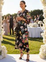 MAXIVESTIDO ENVOLVENTE CON VUELOS ESTAMPADO NEGRO (O)