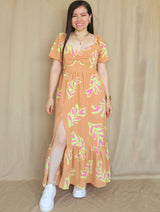 MAXIVESTIDO ESCOTE CORAZÓN ESTAMPADO NARANJA