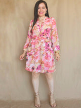 VESTIDO CORTO FULL BOBOS CON PRETINA ESTAMPADO ROSA