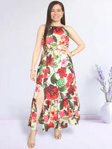 MAXIVESTIDO CUELLO HALTER 2 TIEMPOS ESTAMPADO CREMA