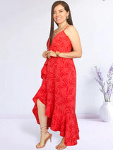 MAXIVESTIDO TIRAS CON VUELO ESPIRAL ESTAMPADO ROJO