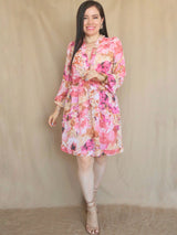 VESTIDO CORTO FULL BOBOS CON PRETINA ESTAMPADO ROSA