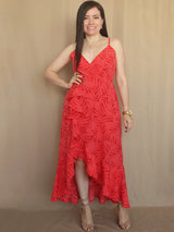 MAXIVESTIDO TIRAS CON VUELO ESPIRAL ESTAMPADO ROJO