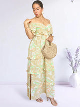 MAXIVESTIDO ESCOTE CORAZÓN CON BOBOS ESTAMPADO BEIGE