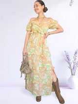 MAXIVESTIDO ESCOTE CORAZÓN CON BOBOS ESTAMPADO BEIGE