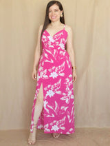 MAXIVESTIDO TIRAS CON PRETINA ESTAMPADO FUCSIA