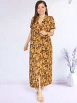 MAXIVESTIDO CAMISERO CON PRETINA ESTAMPADO MOSTAZA