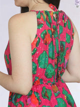 MAXIVESTIDO CUELLO HALTER 2 TIEMPOS ESTAMPADO FUCSIA