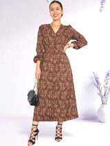 MAXIVESTIDO CAMISERO CON PRETINA ESTAMPADO CHOCOLATE