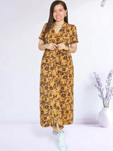 MAXIVESTIDO CAMISERO CON PRETINA ESTAMPADO MOSTAZA