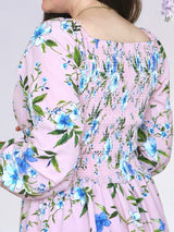 VESTIDO CORTO BUSTO RECOGIDO ESTAMPADO ROSA