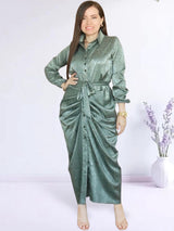 MAXIVESTIDO CAMISERO PLIEGUES EN CADERA VERDE ENTERO