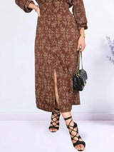 MAXIVESTIDO CAMISERO CON PRETINA ESTAMPADO CHOCOLATE