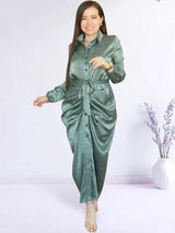 MAXIVESTIDO CAMISERO PLIEGUES EN CADERA VERDE ENTERO