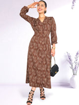 MAXIVESTIDO CAMISERO CON PRETINA ESTAMPADO CHOCOLATE
