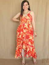 MAXIVESTIDO TIRAS CON VUELO ESPIRAL ESTAMPADO NARANJA