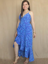 MAXIVESTIDO TIRAS CON VUELO ESPIRAL ESTAMPADO AZUL