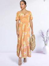 MAXIVESTIDO ESCOTE CORAZÓN ESTAMPADO NARANJA