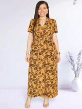 MAXIVESTIDO CAMISERO CON PRETINA ESTAMPADO MOSTAZA
