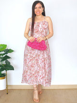 VESTIDO MIDI TIRAS CORSET MULTIAGUJA FLORES ROSAS