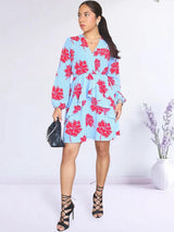 VESTIDO CORTO CAPAS CRUZADAS ESTAMPADO CELESTE