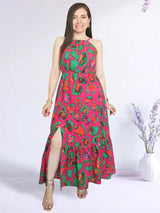 MAXIVESTIDO CUELLO HALTER 2 TIEMPOS ESTAMPADO FUCSIA