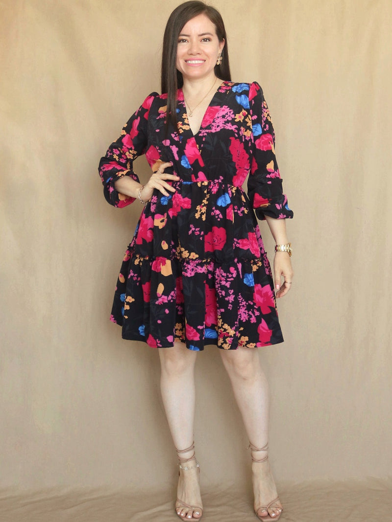 VESTIDO CORTO 2 TIEMPOS ESTAMPADO NEGRO